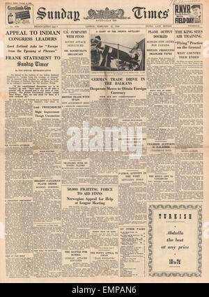 1940 front page Sunday Times appello al Congresso indiano da Lord Zetland Foto Stock