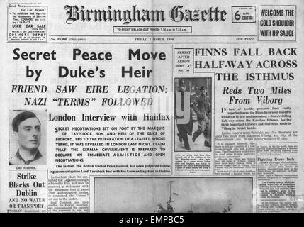 1940 pagina anteriore Birmingham Gazette segreto i colloqui di pace dal Marchese di Tavistock Foto Stock