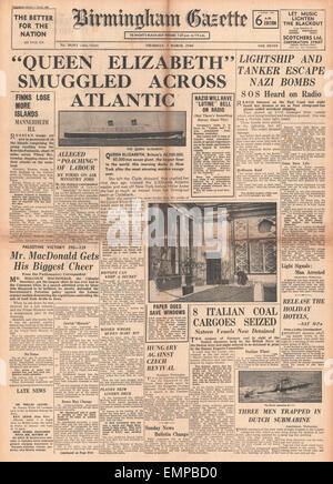 1940 pagina anteriore Birmingham Gazette Liner Queen Elizabeth contrabbandati attraverso Atlantic Foto Stock