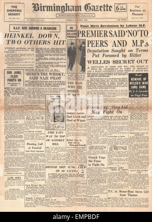 1940 pagina anteriore Birmingham Gazette Chamberlain respinge la pace deputazione Foto Stock