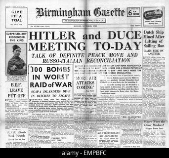 1940 pagina anteriore Birmingham Gazette incontro tra Adolf Hitler Mussolini Foto Stock