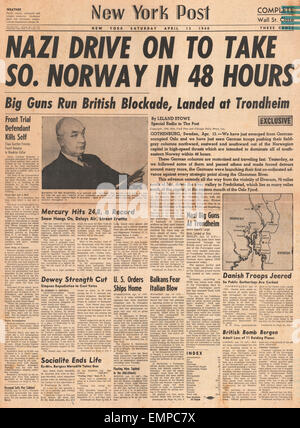 1940 front page New York Post battaglia per la Norvegia Foto Stock