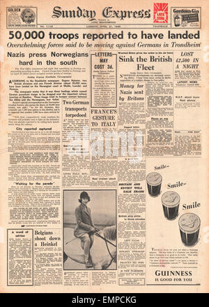 1940 front page Sunday Express 50.000 British & le truppe francesi in Norvegia Foto Stock