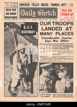 1940 front page schizzo quotidiana battaglia per la Norvegia Foto Stock