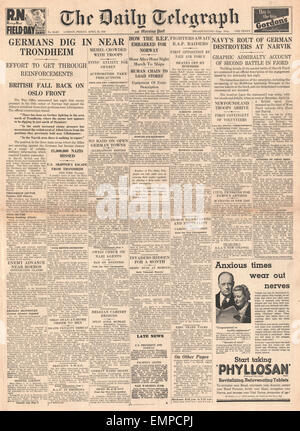 1940 front page Daily Telegraph battaglia per la Norvegia Foto Stock