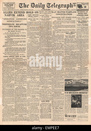 1940 front page Daily Telegraph battaglia per la Norvegia Foto Stock