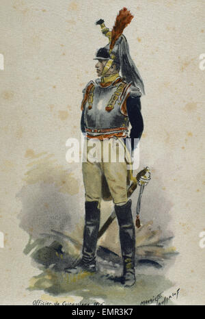 Guerre napoleoniche. Cuirassier. L esercito francese. Soldati di cavalleria pesante. Incisione. 1806. Foto Stock