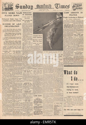 1940 front page Sunday Times Battle of Britain Douglas Bader Foto Stock