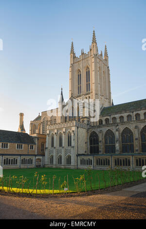 Torre della Cattedrale Inghilterra, vista del Giardino Refettorio e la torre di St. Edmundsbury (St. James), Bury St. Edmunds, Suffolk Uk. Foto Stock