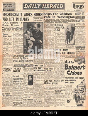 1940 front page Daily Herald Messerschmitt factory bombardato da RAF navi per bambini votare a Washington Foto Stock