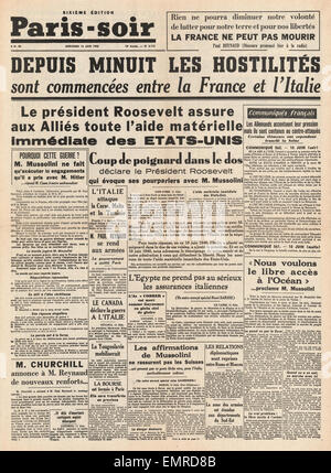 1940 front page Paris Soir Italia dichiara guerra al alleati il presidente Roosevelt si impegna più AIUTI DEGLI STATI UNITI Foto Stock