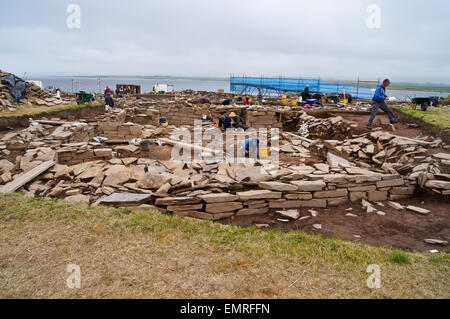 Scavo Archeologico di un religioso neolitico sito cerimoniale, Ness di Brodgar, Orkney Islands, Scozia Foto Stock