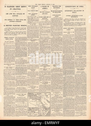 1940 Pagina 4 Tempi RAF Luftwaffe battaglie su canale inglese discussione sulla Costituzione dell India Foto Stock