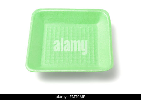 Verde Styrofoam monouso Vaschetta per alimenti su sfondo bianco Foto Stock