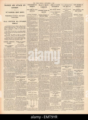 1940 Pagina 4 Tempi Luftwaffe massiccio bombardamento su Londra Foto Stock