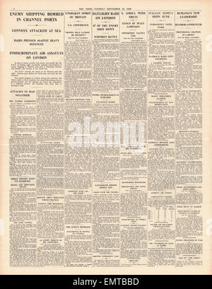 1940 Pagina 4 Tempi Luftwaffe massiccio bombardamento su Londra Foto Stock