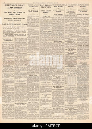 1940 Pagina 4 Tempi Luftwaffe bombardamento su Buckingham Palace Foto Stock