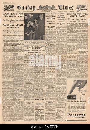 1940 front page Sunday Times asse minaccia per intensificare il bombardamento Foto Stock