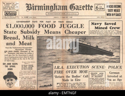 1940 pagina anteriore Birmingham Gazette aiuti alimentari Foto Stock