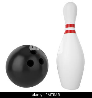 Il Pin e palla da bowling isolati su sfondo bianco. Foto Stock