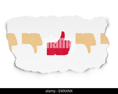 Rete sociale concetto: thumb up icona sulla carta strappata sfondo Foto Stock