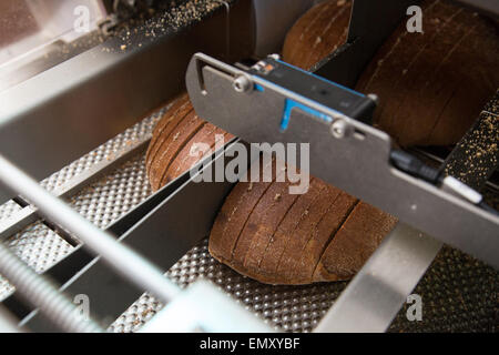 Fresca pane marrone con polpettine su una fabbrica di linea di taglio Foto Stock