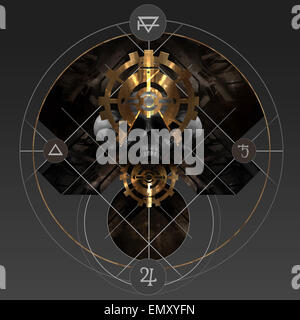 Alchimia d'oro. Abstract alchimia golden pentacle segno con cranio e antichi segni. Foto Stock
