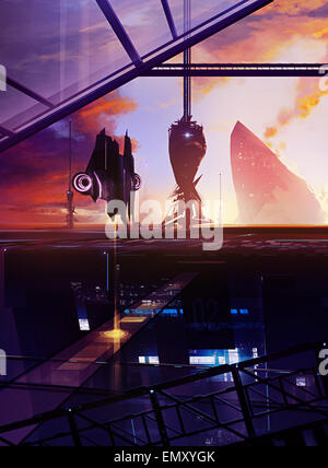 Stazione di spazio. Illustrate il progetto SCIFI spazio stazione nave con luci led e torri opere d'arte. Foto Stock