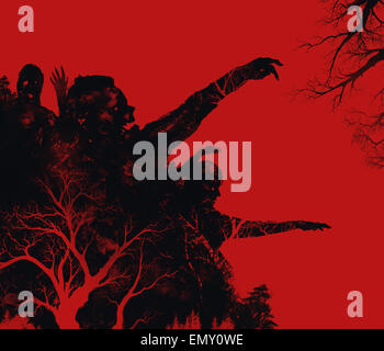 Gli zombie illustrazione. Fantasy morti zombie attack su sfondo rosso illustrazione tecnica. Foto Stock