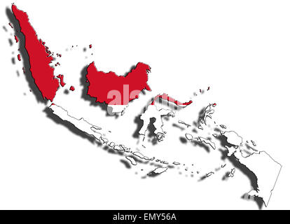 Profilo del confine nazionale dell'Indonesia riempito con la bandiera del paese. Isolato su sfondo bianco e la caduta di un'ombra Foto Stock