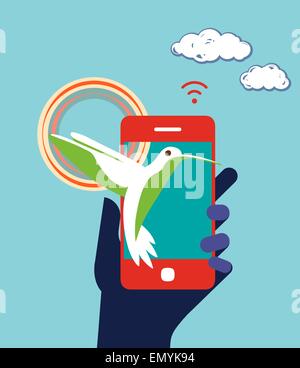 Telefono mobile device concetto aziendale illustrazione. Hummingbird, rainbow in mano. Design piatto Illustrazione Vettoriale