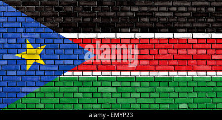 Bandiera del Sud Sudan dipinta su un muro di mattoni Foto Stock