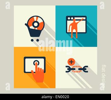 Business icon set. Sviluppo di software e web marketing, e-commerce. Design piatto Illustrazione Vettoriale