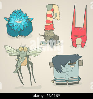 Set di vettore di illustrazioni Cartoon carino mostri o alieni con artigli e zanne Foto Stock