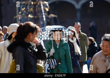 L'Aia, Paesi Bassi. 23 apr, 2015. I turisti provenienti dal Giappone sono visibili sul 'Binnenhof' la piazza vecchia all'interno di edifici parliamenary all'Aia. Giovedì. Credito: Willem Arriens/Alamy Live News Foto Stock