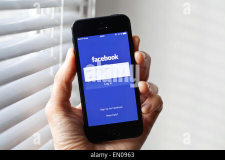 Mano che tiene l'Iphone con l'applicazione mobile per Facebook sullo schermo Foto Stock
