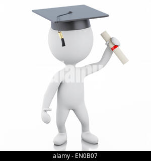 La gente bianca Laureato con diploma e laurea cap. Isolato sullo sfondo bianco. 3D renderer illustrazione. Foto Stock