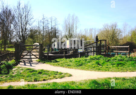 Una vista della passerella e chiusa sul fiume Waveney a Falcon Prato, Bungay, Suffolk, Inghilterra, Regno Unito. Foto Stock