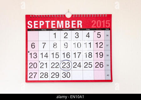 Parete mensile Calendario Settembre 2015, Autumn Equinox cerchiata Foto Stock
