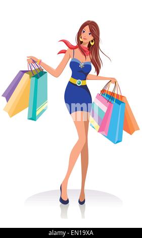 Moda giovane ragazza con shopping bags su sfondo bianco Illustrazione Vettoriale