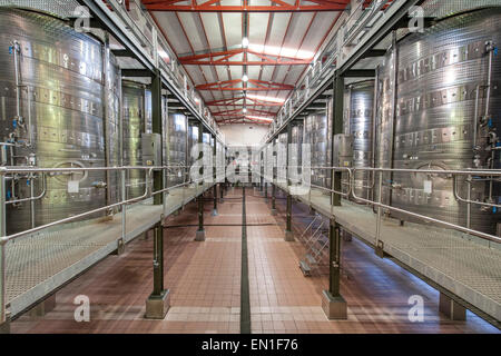 Vasche di fermentazione del Lourensford wine estate in Somerset West, Provincia del Capo Occidentale, Sud Africa. Foto Stock