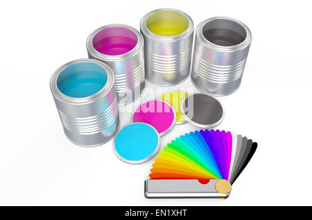 Barattoli di vernice di colore Pantone e la tavolozza dei colori guida isolato su sfondo bianco Foto Stock