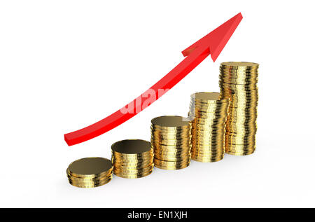 Crescita grafico dorato da monete con la freccia isolati su sfondo bianco Foto Stock