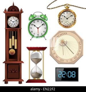 Set di orologi collezione isolato su bianco. Illustrazione Vettoriale. Illustrazione Vettoriale