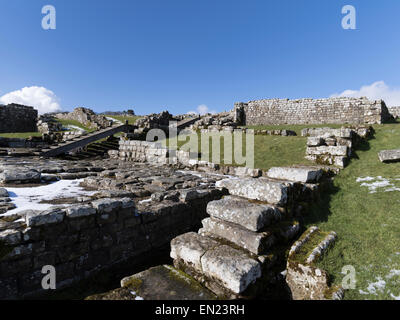 I resti del forte di Housesteads ( Vercovicium ) lungo il vallo di Adriano, parco nazionale di Northumberland, Regno Unito Foto Stock