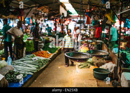 La frutta e la verdura i commercianti a Kandy Mercato comunale, Kandy, Sri Lanka. Foto Stock