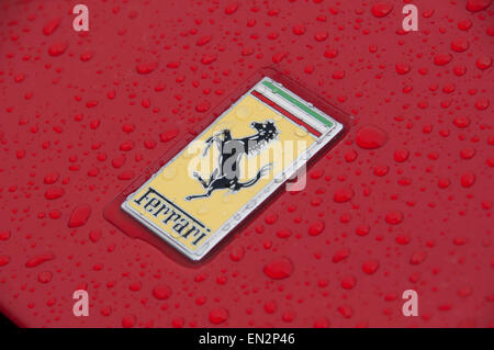 Rosso Ferrari auto di lusso monogramma sul cofano posteriore con gocce di pioggia Foto Stock