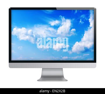 Il display del computer con cielo blu e nuvole bello sullo schermo. Vista frontale. Isolato su sfondo bianco. Altamente dettagliate illustr Foto Stock