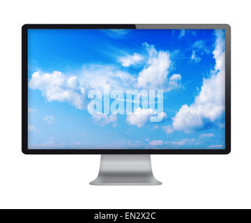 Il display del computer con cielo blu e nuvole bello sullo schermo. Vista frontale. Isolato su sfondo bianco. Altamente dettagliate illustr Foto Stock