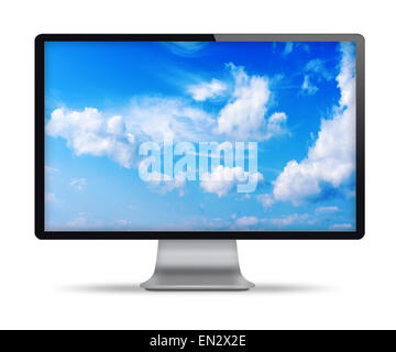 Il display del computer con cielo blu e nuvole bello sullo schermo. Vista frontale. Isolato su sfondo bianco. Altamente dettagliate illustr Foto Stock